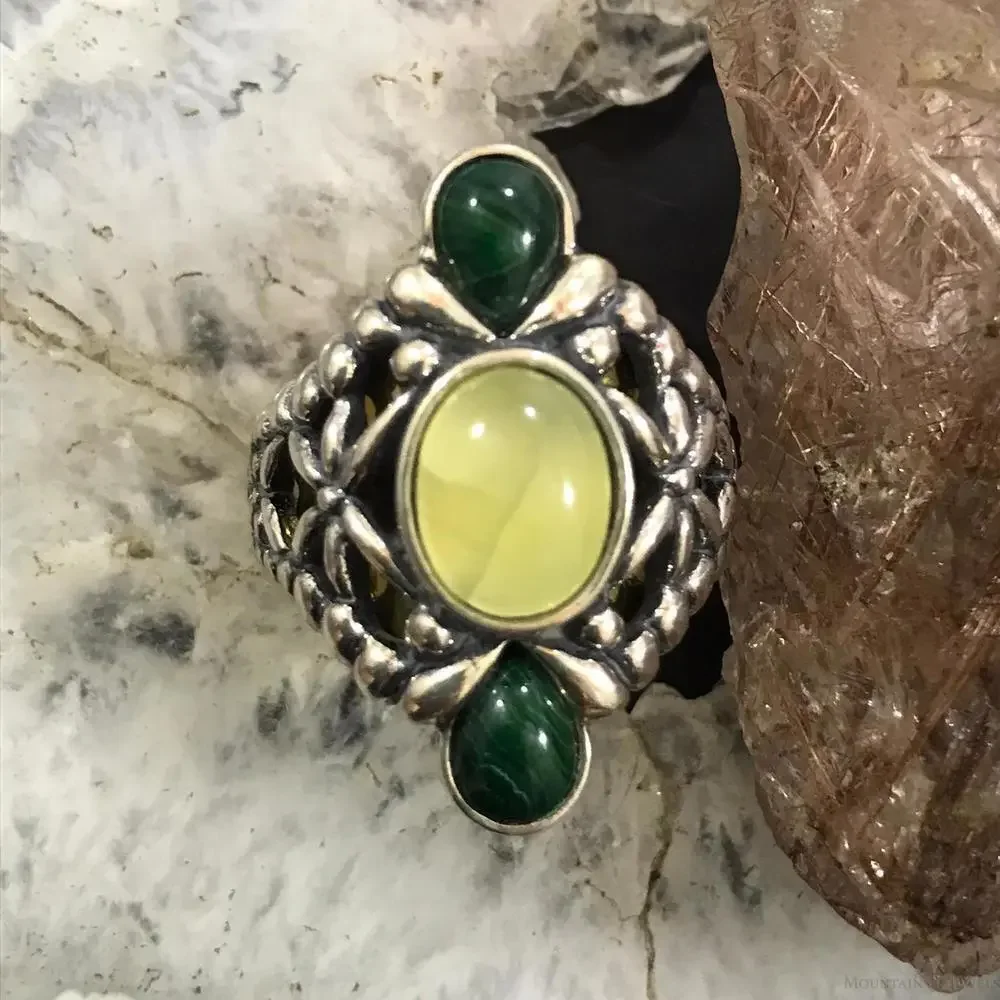 Carolyn Pollack Sterling Oval Moonstone Doublet w/2 Malachite Ring Size 8.5